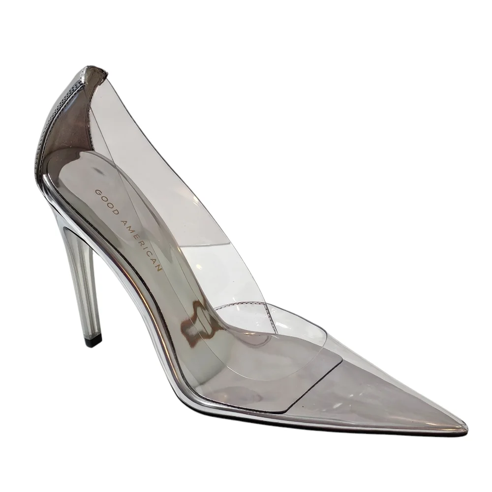 NEW IN BOX Good American Cinderella Silver Clear Pointed Toe Stiletto Heels